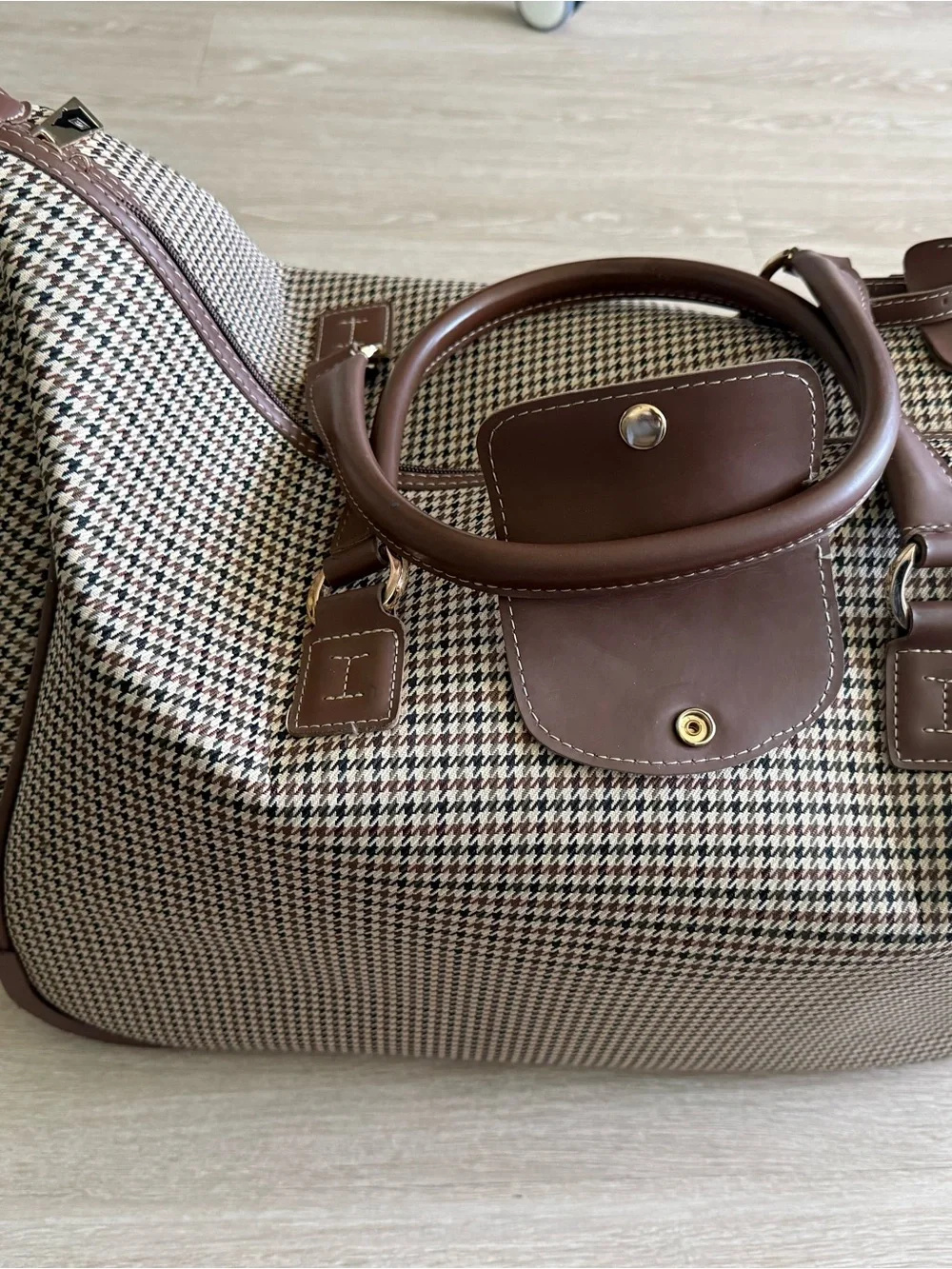 London Fog Brown Houndstooth Tote with Brown Leather Trim